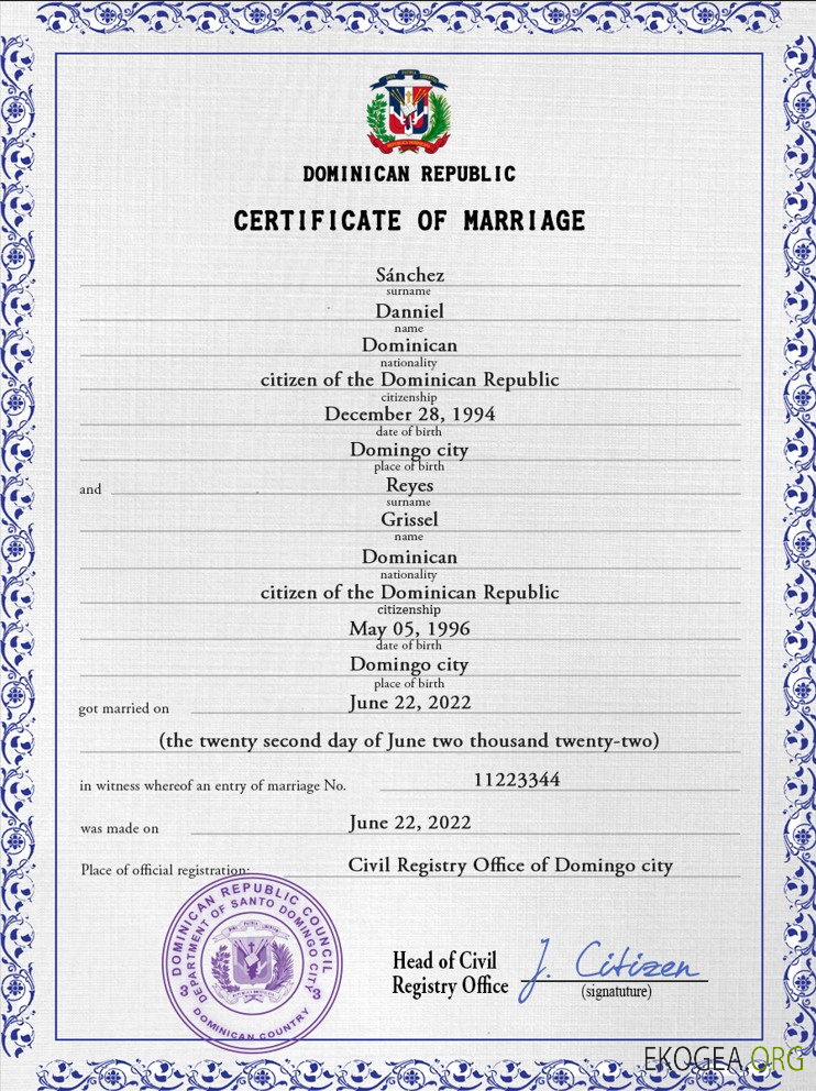 Modèle PSD de certificat de mariage en République dominicaine